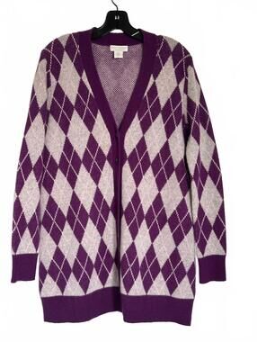 Oats Cashmere by Diana Rosh Women’s 100% Cashmere Argyle Cardigan Button Front M